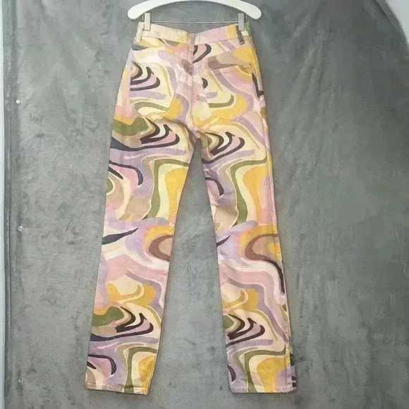 Zara Multicolor Denim Straight Jeans with Psychedelic Abstract Swirl print Sz 2 - Picture 6 of 13